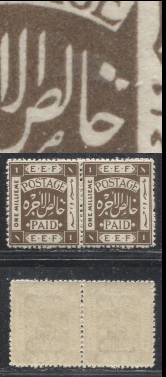Lot 3 Palestine SG#5arp 1m Deep Brown "Postage Paid" and "E.E.F" in Frame, 1918-1927 Somerset House Lithographed Issue, A VFNH Pair, Perf. 15 x 14, Royal Cypher Watermark, Showing White Patch in Middle From Position 91, Rough Perf.