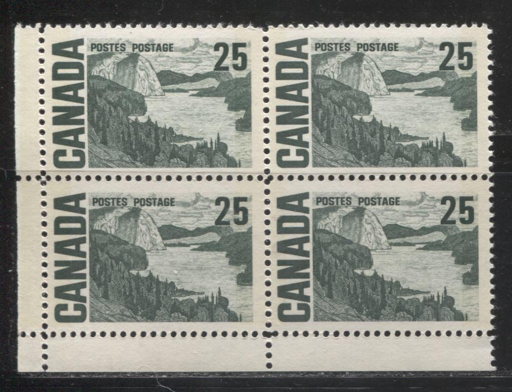 Lot 40 Canada #465p 25c Slate Green Solemn Land, 1967-1973 Centennial Definitive Issue, A FNH LL Tagged Field Stock Block of 4 On DF Grayish Paper With Streaky Dex Gum