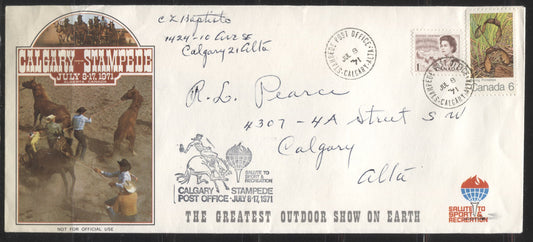 Lot #4 Canada #454ii 1c Chocolate Brown Nothern Lights and Dogsled Team, 1967-1973 Centennial Issue, Correct Usage as a Make-Up Stamp on a July 8, 1971 Calgary Stampede Cover, Including Letterhead