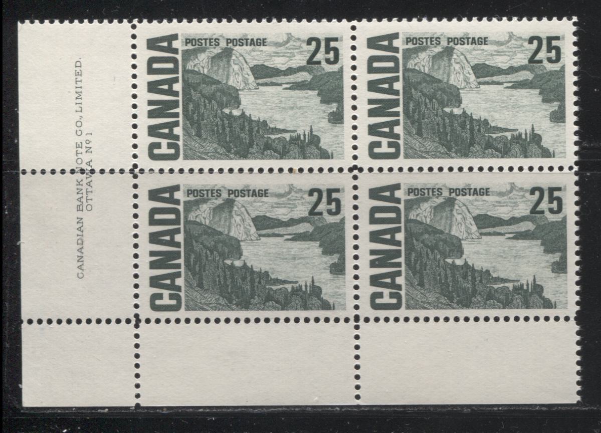 Lot 4 Canada #465 25c Slate Green Solemn Land, 1967-1973 Centennial Definitive Issue, A VFNH LL Plate 1 Block of 4 On DF-fl Grayish Horizontal Wove Vertical Ribbed Paper With Very Few LF Fibers And Streaky Dex Gum