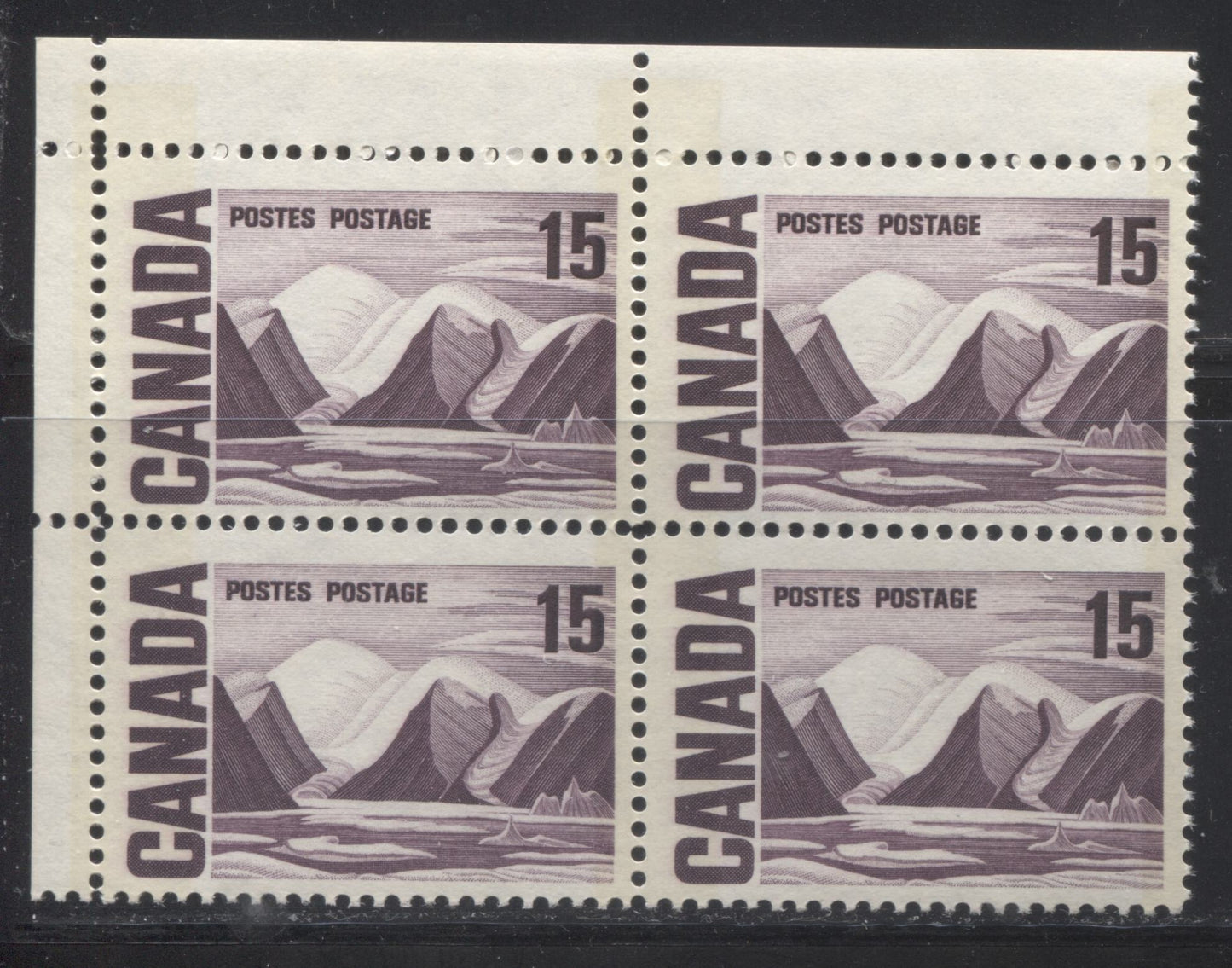 Lot 42 Canada #463pii 15c Plum Greenland Mountains, 1967-1973 Centennial Definitive Issue, A FNH UL W2B Tagged Field Stock Block Of 4 On DF Vertical Wove Paper With Eggshell PVA Gum, Light Tagging