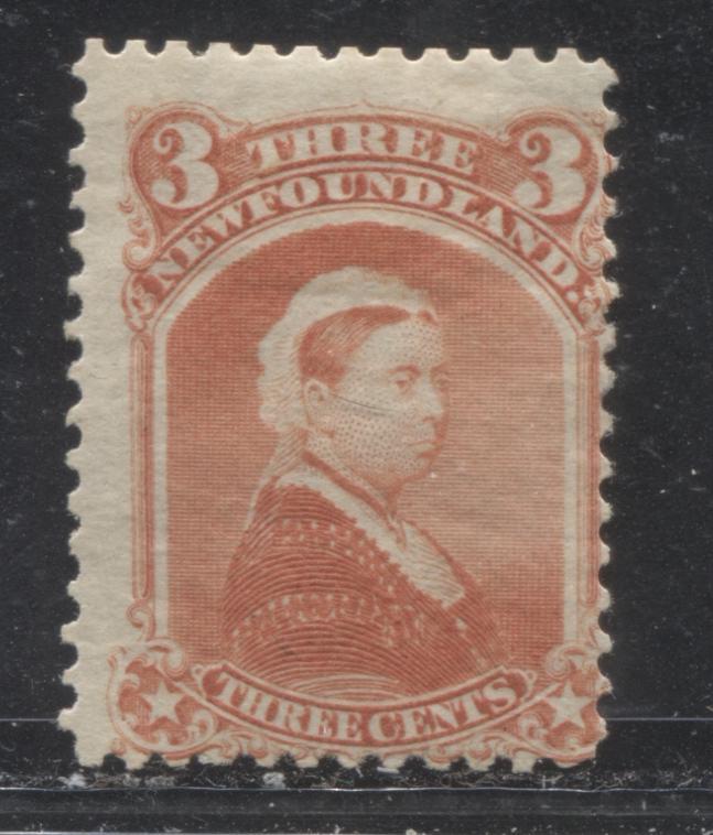 Lot 43 Newfoundland #33 3c Vermillion Queen Victoria, 1870 Second Cents Issue, A Very Good OG Single