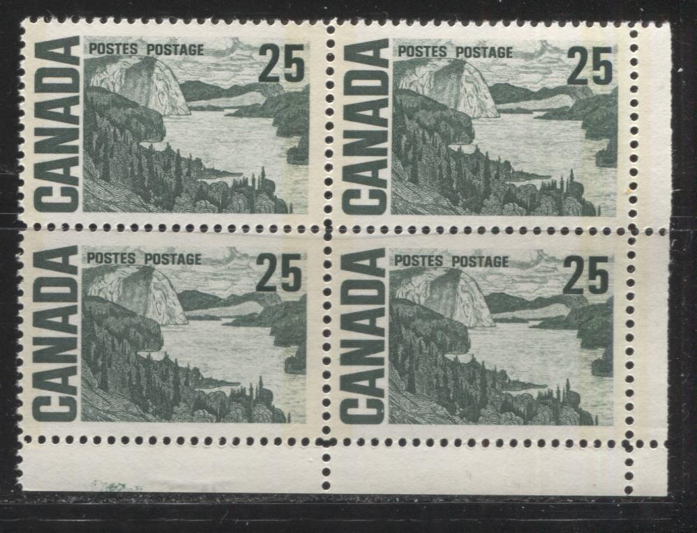 Lot 43 Canada #465p 25c Bluish Green Slate Solemn Land, 1967-1973 Centennial Definitive Issue, A VFNH LR Tagged Field Stock Block of 4 On DF Bluish White With Smooth Dex Gum