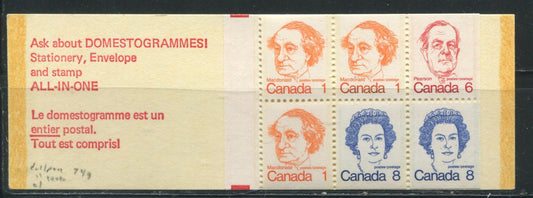 Lot 45 Canada McCann #BK74h 1972-1978 Caricature Issue, A Complete 25c Counter Booklet, DF CF-100 Canuck Cover, Self Sealer, DF 70 mm Pane