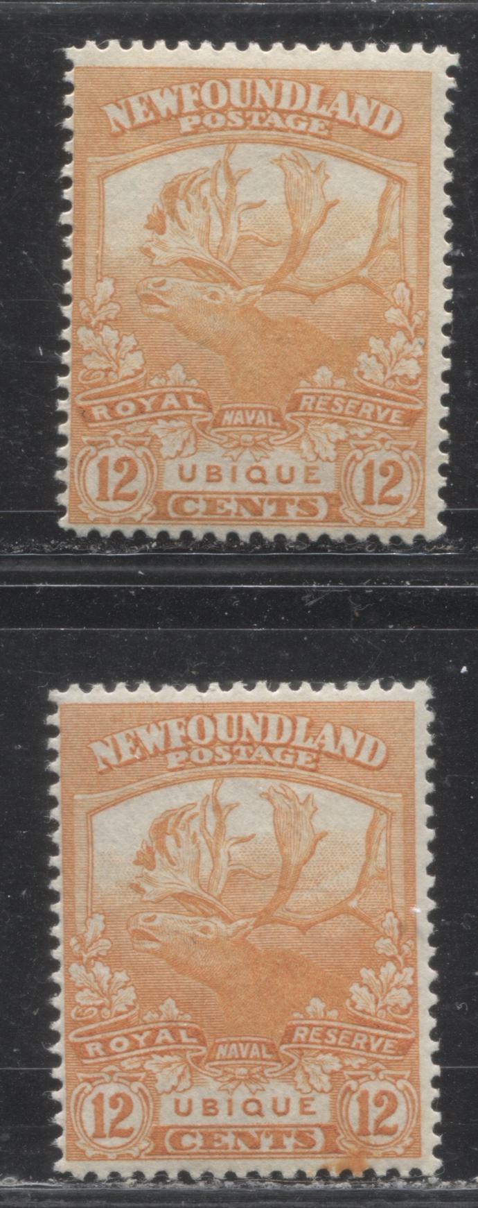 Lot 44 Newfoundland # 123 12c Orange & Yellow Orange Caribou & Ubique, 1919-1923 Trail of the Caribou Issue, Two Fine OG Examples, Line Perf. 14.2 x 14 and 14 x 13.9