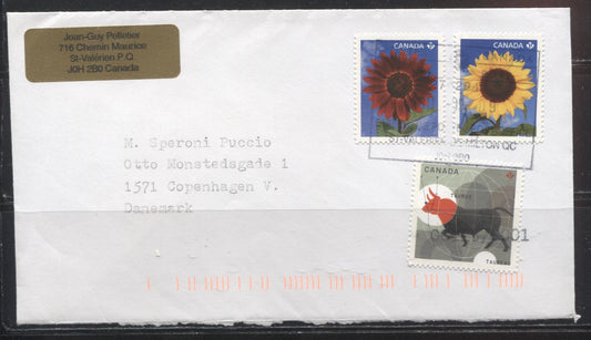 Lot 45 Canada #2443-2444, 2540 2011 Sunflowers & Zodiac Issue,  a Combination Use on 2011 Airmail Cover to Denmark