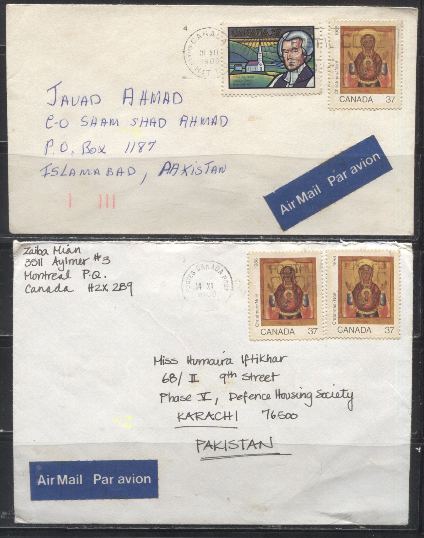 Lot 47 Canada #1222, 1226 37c Multicoloured Charles Inglis & Madonna & Child, 1988 Christmas & Charles Inglis, 2 VF Airmail Covers to Pakistan