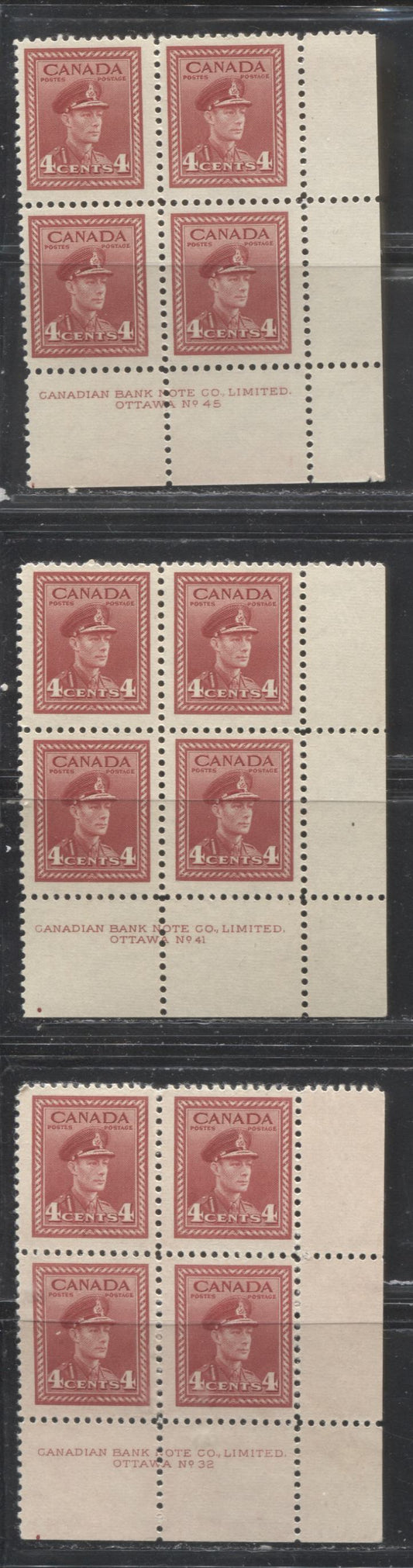 Lot 48 Canada #254 4c Carmine-Red & Deep Carmine Red King George VI  1942-1949 War Issue, Fine NH Plate 32, 41 & 45 Lower Right Blocks of 4 Plate Dot at LL