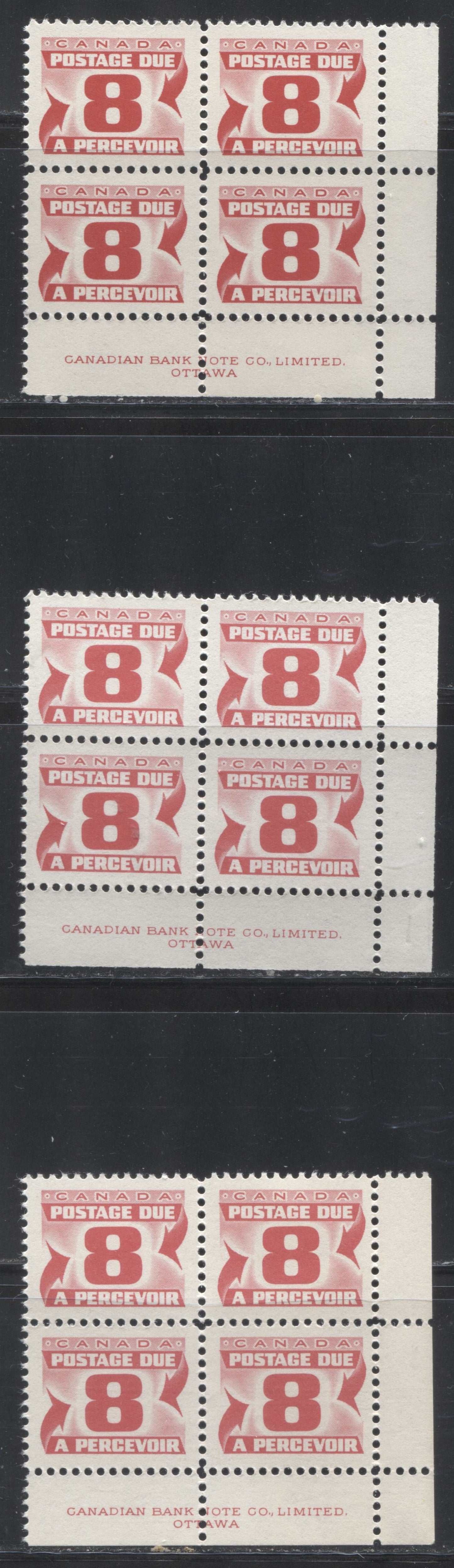 Lot 49 Canada #J34i 8c Carmine Rose 1969 Second Centennial Postage Due Issue, Three VFNH LR Inscription Blocks Of 4 On DF Grayish White, Bluish White & Gray Papers With Smooth & Streaky Dex Gums, Perf 12, Pale Shades
