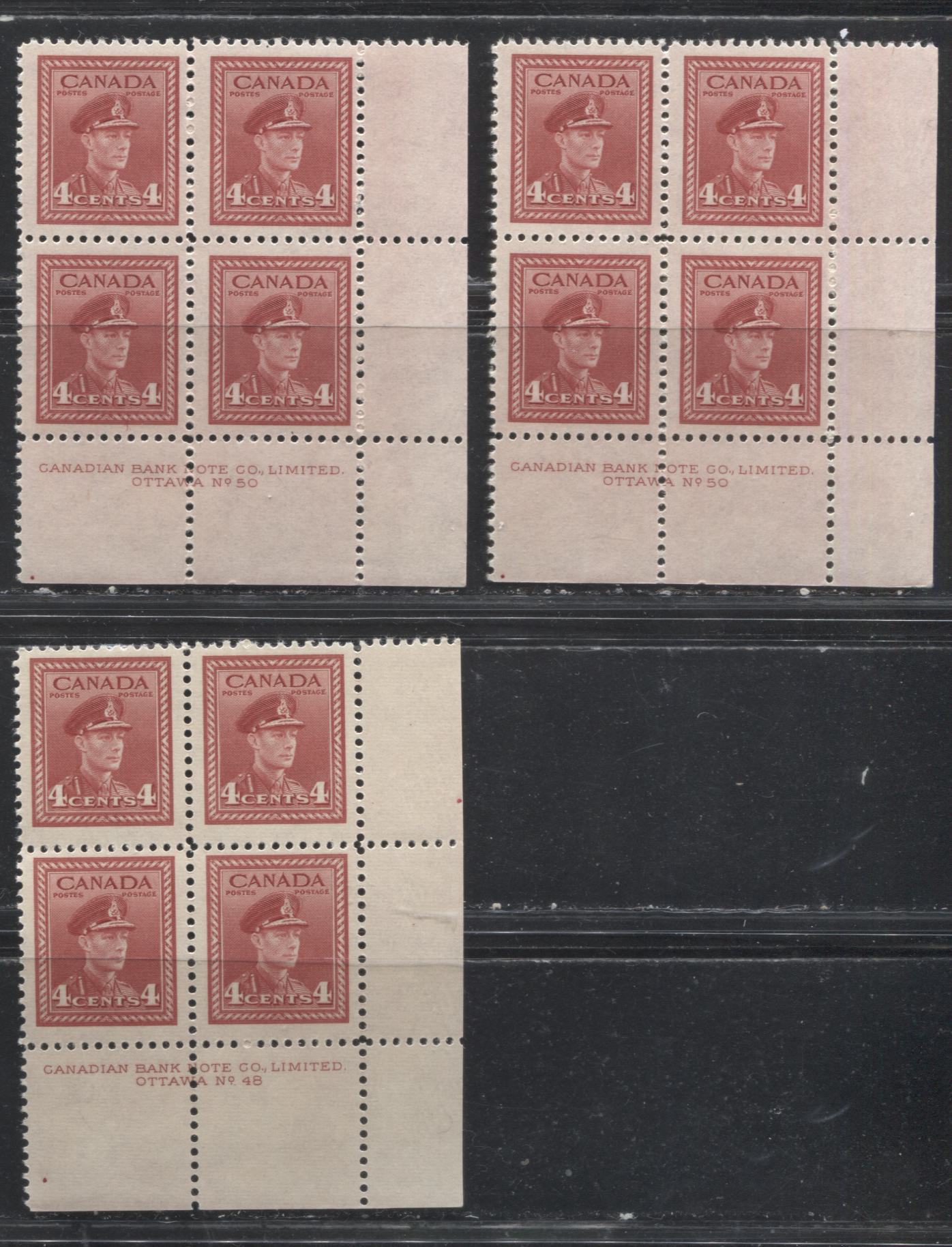 Lot 50 Canada #254 4c Carmine-Red & Rosy Carmine Red King George VI  1942-1949 War Issue, Fine NH Plate 48 & 50 Lower Right Blocks of 4 Plate Dot at LL, Showing Crack in Lower Frame