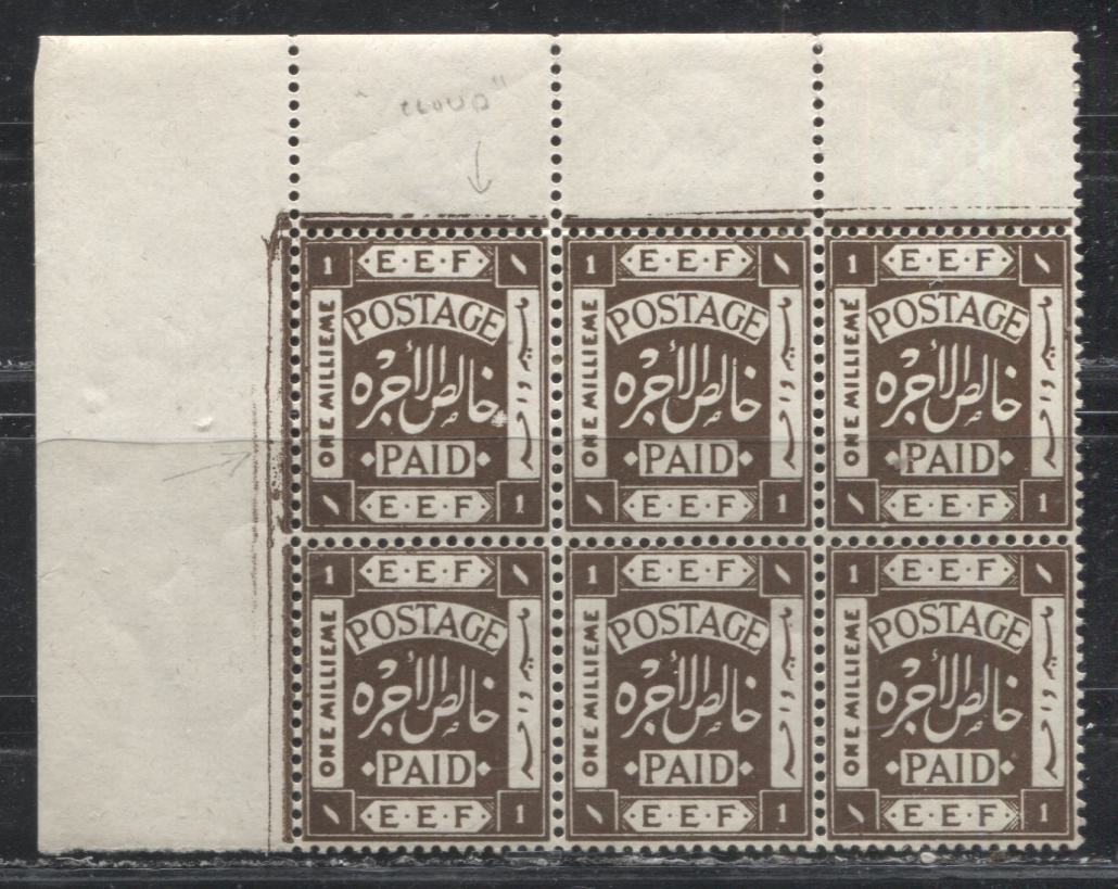 Lot 5 Palestine SG#5var 1m Sepia "Postage Paid" and "E.E.F" in Frame, 1918-1927 Somerset House Lithographed Issue, A VFNH Upper Left Sheet Margin Block of 6, Perf. 15 x 14, Royal Cypher Watermark, Showing the "Patch in Middle" Variety