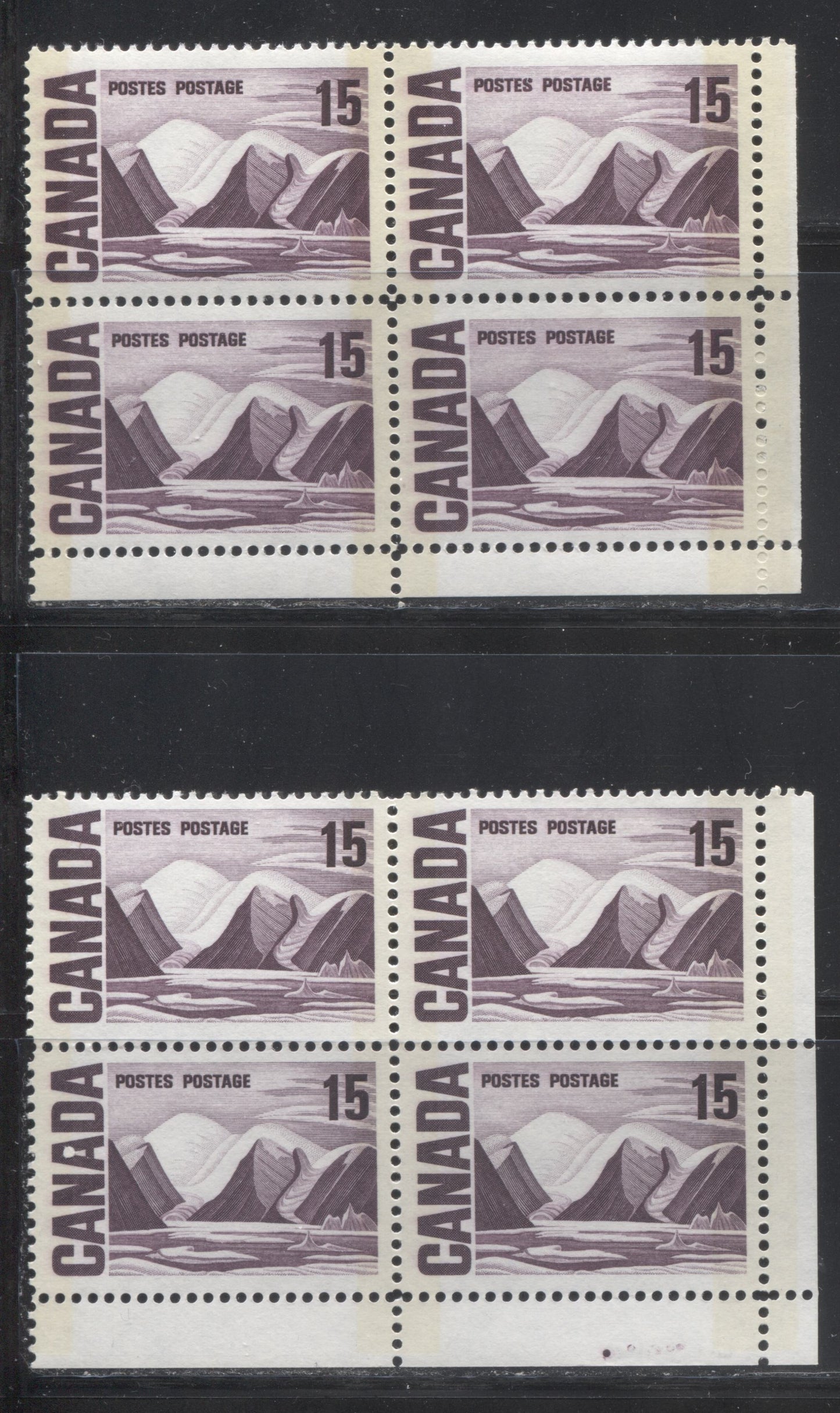 Lot 51 Canada #463piii 15c Bright Reddish Lilac & Bright Plum Greenland Mountains, 1967-1973 Centennial Definitive Issue, Two VFNH LR W2B Tagged Field Stock Blocks Of 4 On LF Vertical Wove Paper With Eggshell & Satin PVA Gum, With Guide Dot