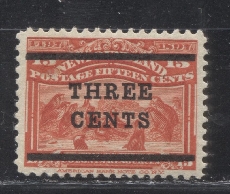 Lot 50 Newfoundland # 129 3c on 15c Scarlet Seal Colony, 1920 Surcharges, A VFOG Example, Type 2 Surcharge, Bars 13.5 mm Apart