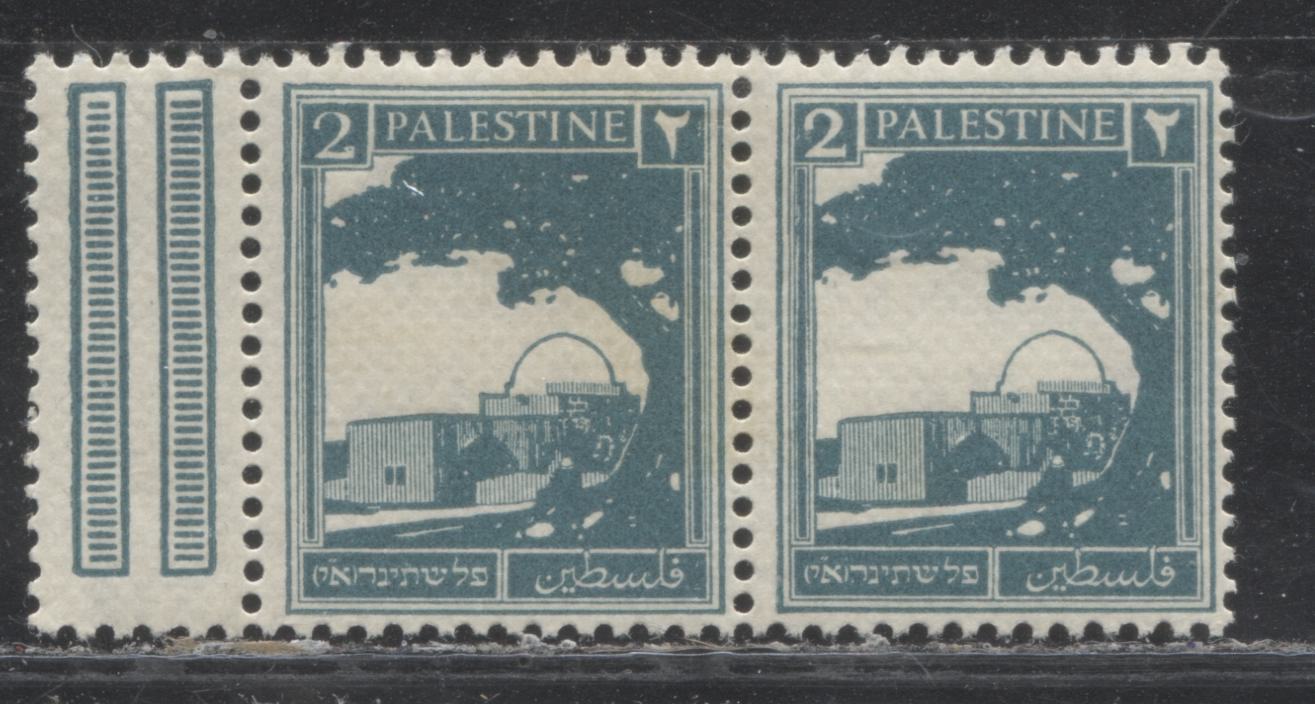 Lot 52 Palestine SG#90 2m Greenish Blue Rachel's Tomb, 1927-1945 Pictoral Issue, A Fine OG & Fine NH Gutter Tab Pair On Vertical Ribbed Paper, Perf 13.5 x 14.5, Multiple Crown & Script CA Watermark, Showing Dot in Tail of "2" Variety