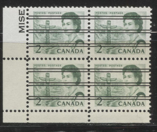 Lot #52 Canada #455xx 2c Deep Bright Green Pacific Coast Totem Pole, 1967-1973 Centennial Issue, a LL Corner Block of the Scarce Precancel, NF Paper, Perf. 11.95