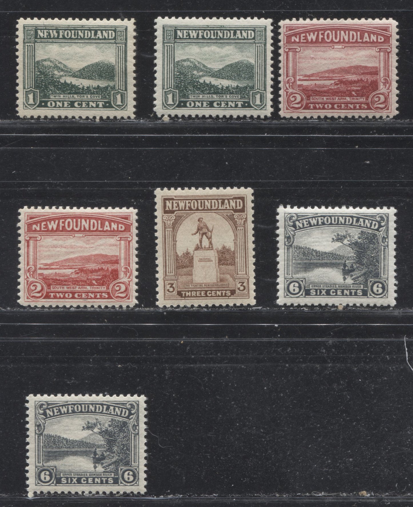 Lot 51 Newfoundland # 131-133 1c, 2c, 3c and 6c Dark Green - Slate Grey Twin Hills - Upper Steadies, 1923-1928 Pictorial Issue, Seven VFOG Examples, Various Line and Comb Perfs