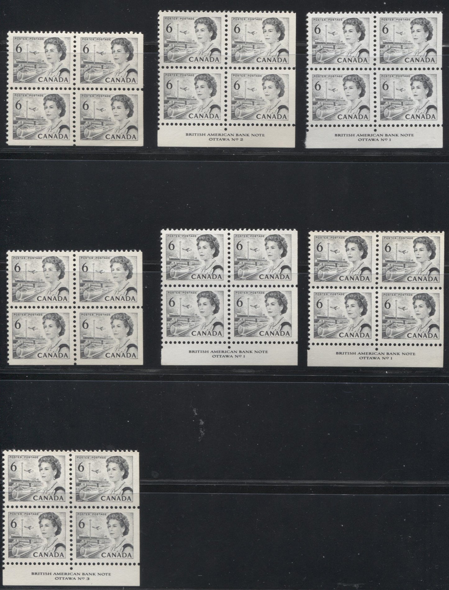 Lot 52 Canada #460 6c Black Queen Elizabeth II, 1967-1973 Centennial Issue, Seven Lower Right VFNH Plate 1, 2, 3 Or Blank Blocks Of 4 On Various DF Papers With Dex Gum