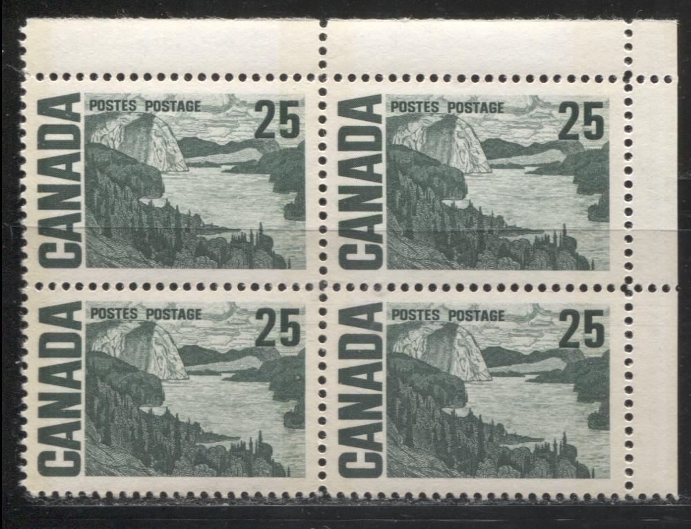 Lot 52 Canada #465pi 25c Deep Bluish Slate Green Solemn Land, 1967-1973 Centennial Definitive Issue, A VFNH UL Tagged Field Stock Block of 4 On HB10 Vertical Wove, With Smooth Dex Gum