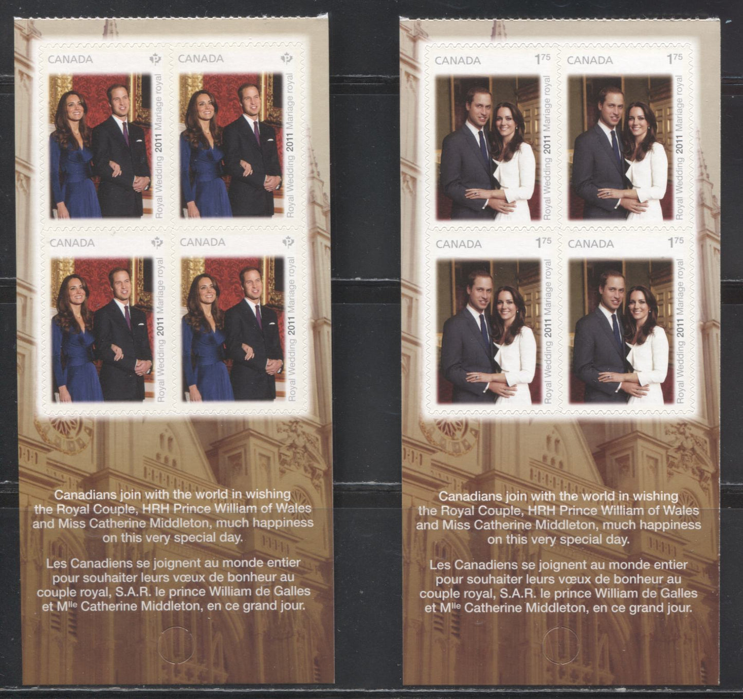 Lot 53 Canada #2466-2467 2011 Royal Wedding Issue, VFNH Booklet Panes of 4 From the Bottom of the Booklets
