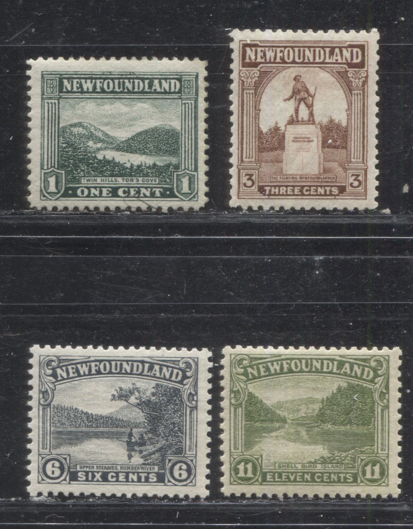 Lot 52 Newfoundland # 131/140 1c, 3c, 6c and 11c Dark Green - Apple Green Twin Hills - Shell Bird Island, 1923-1928 Pictorial Issue, Four Fine NH Examples, Line Perf. 14.2 x 14.1 and Comb Perf. 14 x 13.8