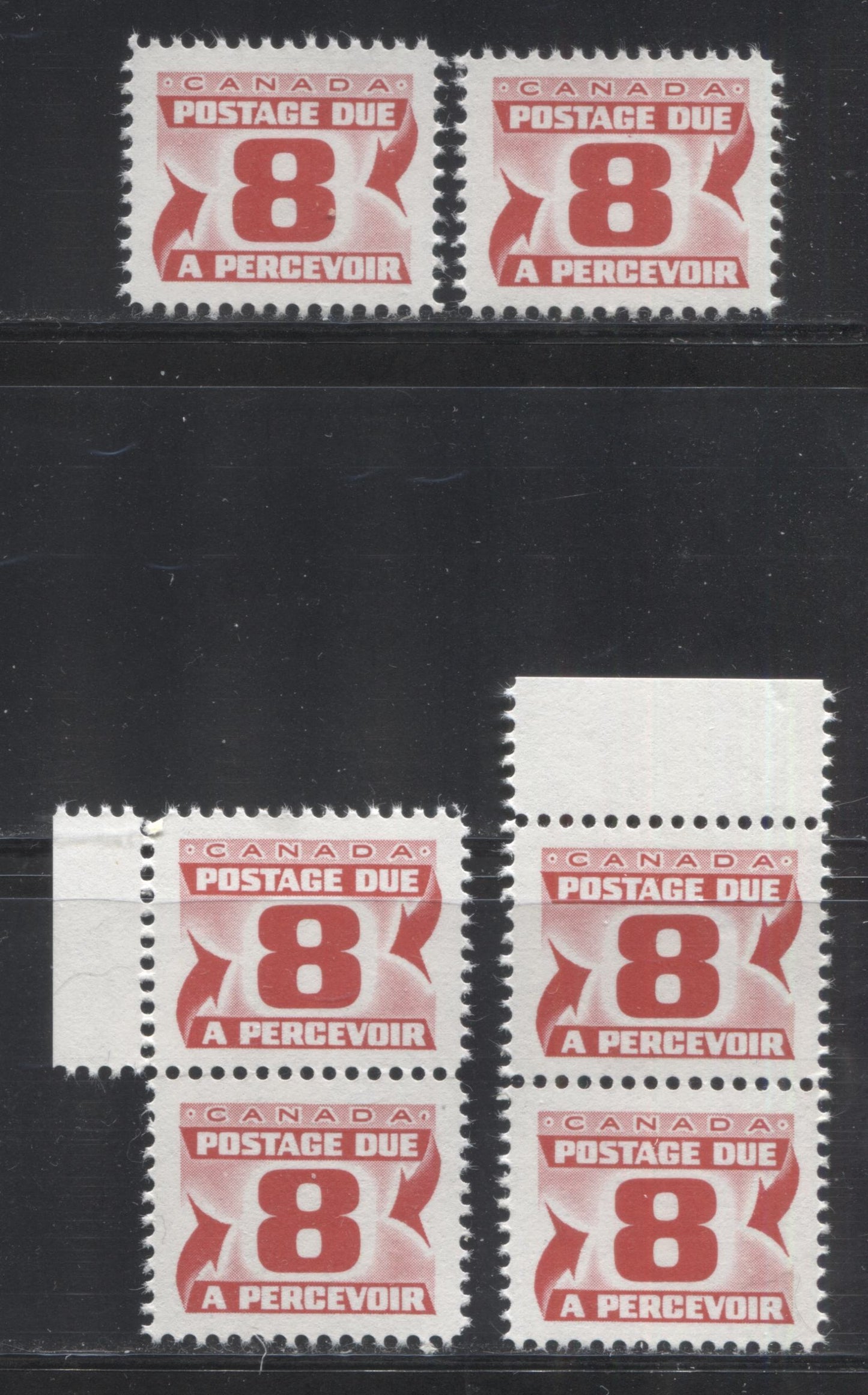 Lot 53 Canada #J34ii 8c Carmine Rose 1969-1973, 2nd Centennial Postage Due Issue, Four VFNH Singles And Two Vertical Pairs On HB11 Paper With Streaky Dex Gum, Perf 12, Plate Varieties
