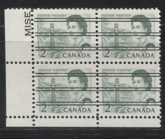 Lot #53 Canada #455xx 2c Green Pacific Coast Totem Pole, 1967-1973 Centennial Issue, a LL Corner Block of the Scarce Precancel, NF Paper, Perf. 11.9