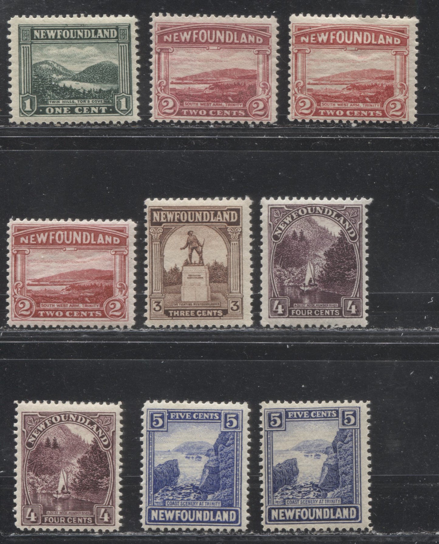 Lot 53 Newfoundland # 131-135 1c-5c Dark Green - Deep Ultramarine Twin Hills - Trinity, 1923-1928 Pictorial Issue, Nine Fine OG Examples, Various Line and Comb Perfs