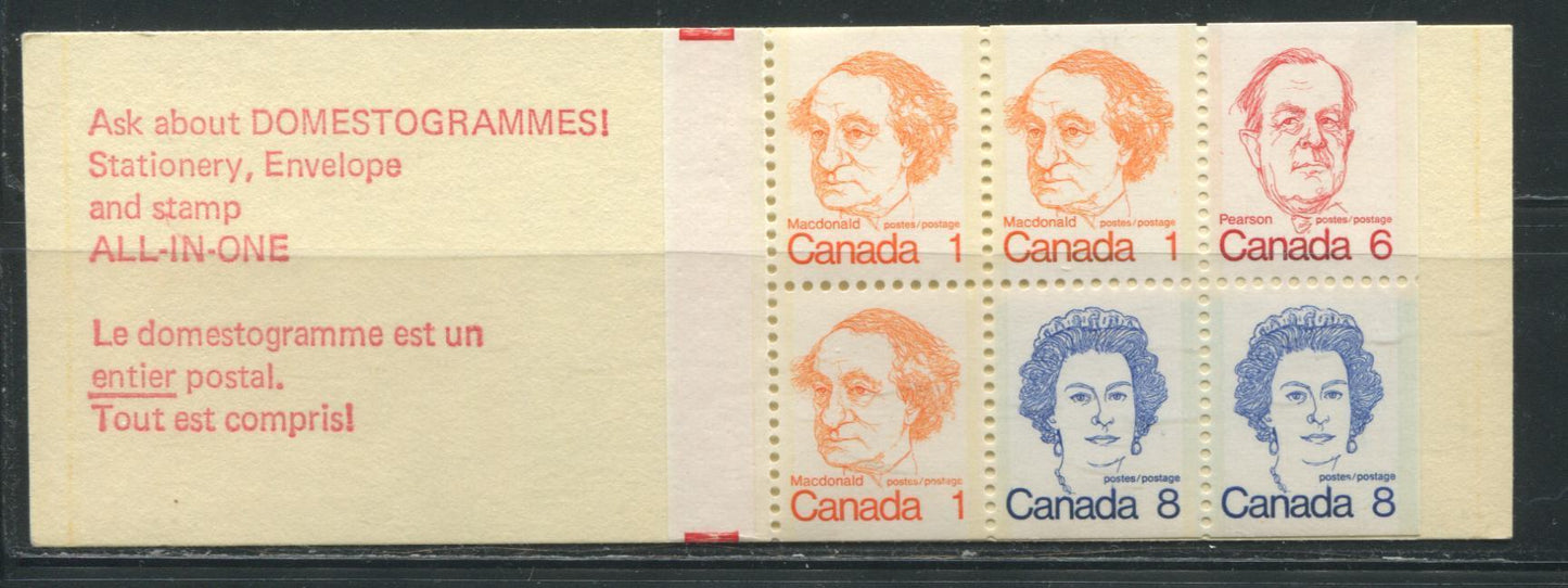 Lot 55 Canada McCann #BK74lvar 1972-1978 Caricature Issue, A Complete 25c Counter Booklet, MF CF-100 Canuck Cover, Clear Sealer, DF 70 mm Pane