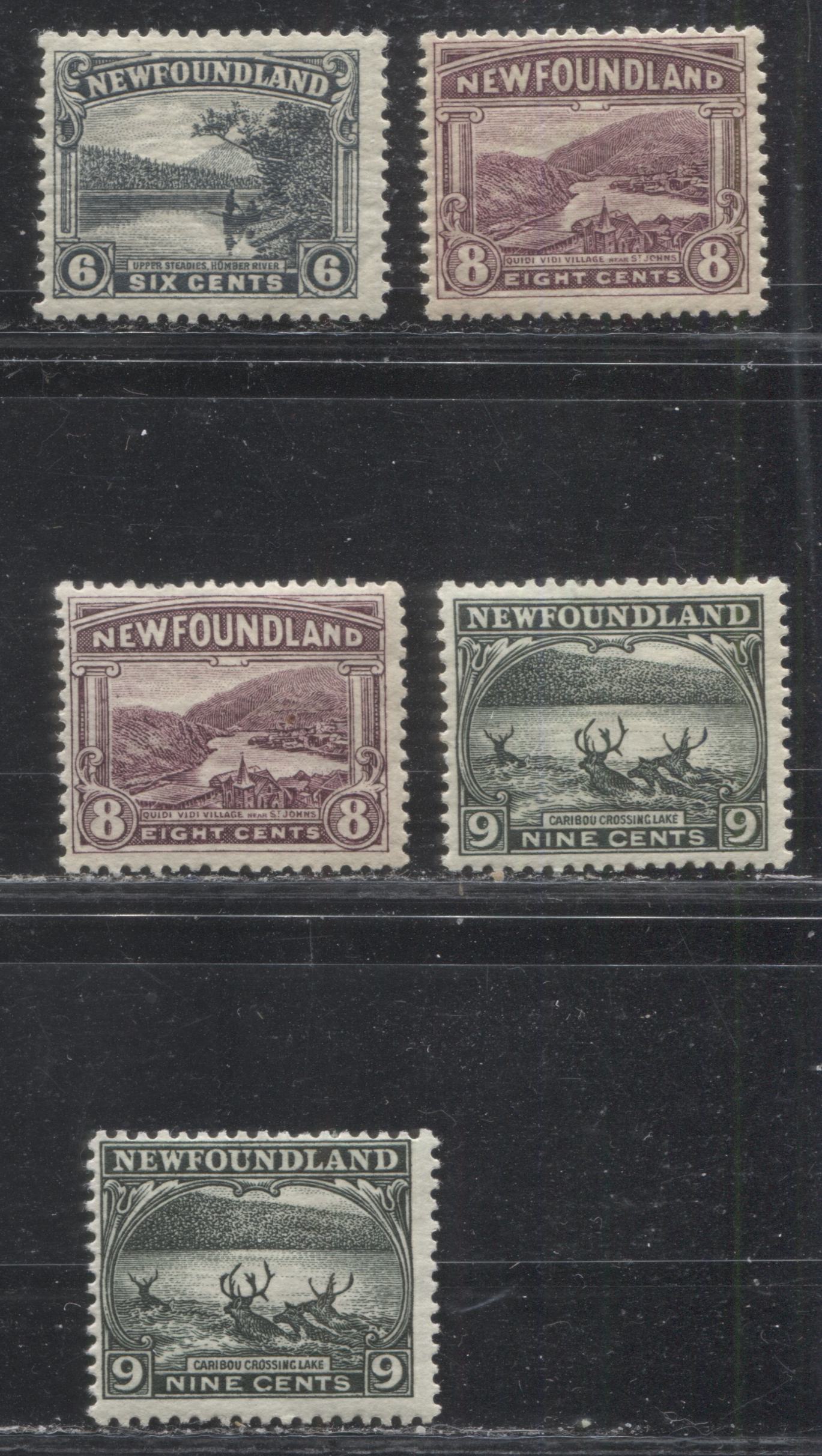 Lot 55 Newfoundland # 136-138 6c  Slate Grey - Slate Green Upper Steadies - Caribou Crossing Lake, 1923-1928 Pictorial Issue, Five Fine OG Examples, Various Comb Perfs