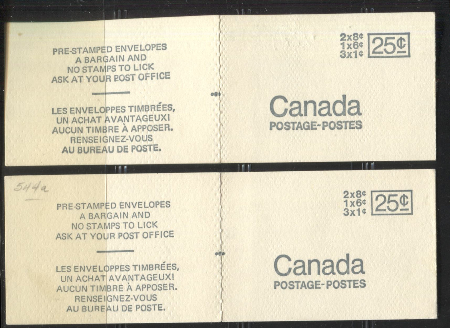 Lot #56 Canada McCann #BK69q, r 1c Purple Brown, 6c Black, And 8c Slate, 1967-1973 Centennial Issue, A Specialized Lot of Two 25c Booklets, Type 2 Pre Stamped Cover, Black Sealing Strip, Different MF-fl Papers, Setting C As Described in Harris
