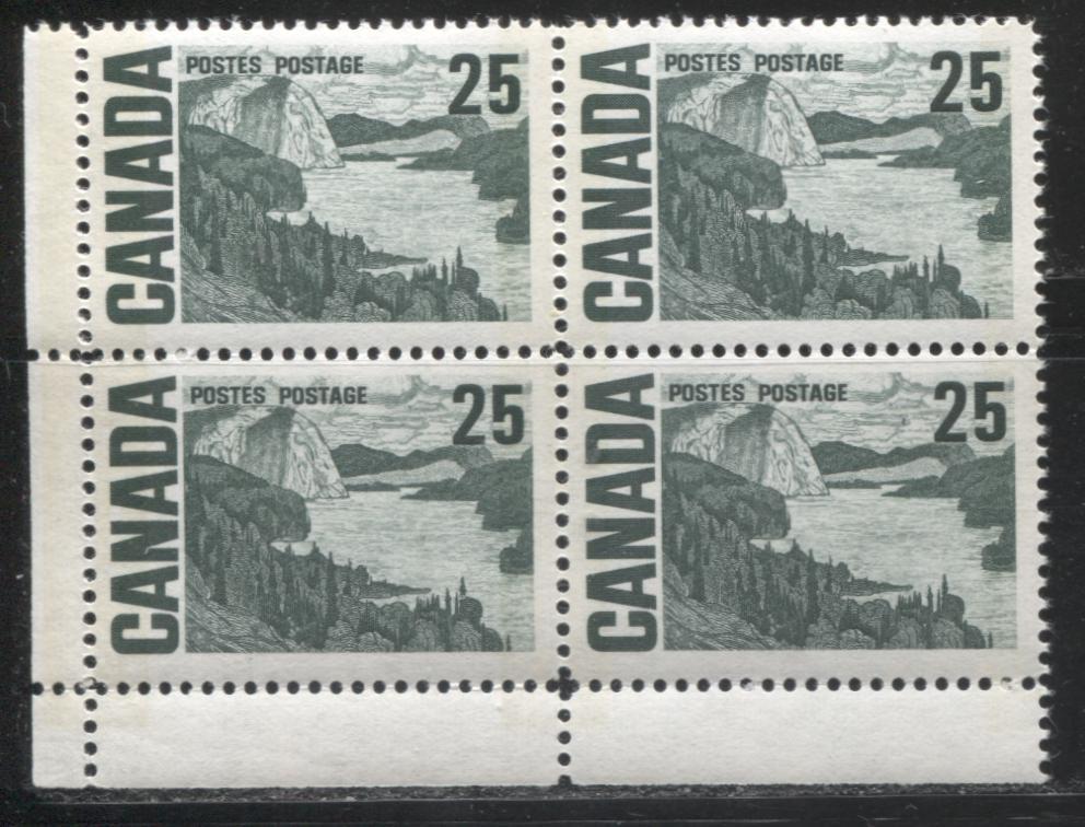 Lot 58 Canada #465pi 25c Slate Green Solemn Land, 1967-1973 Centennial Definitive Issue, A VFNH LL Tagged Field Stock Block of 4 On HB12 Horizontal Wove, Vertical Ribbed Paper With Smooth Dex Gum