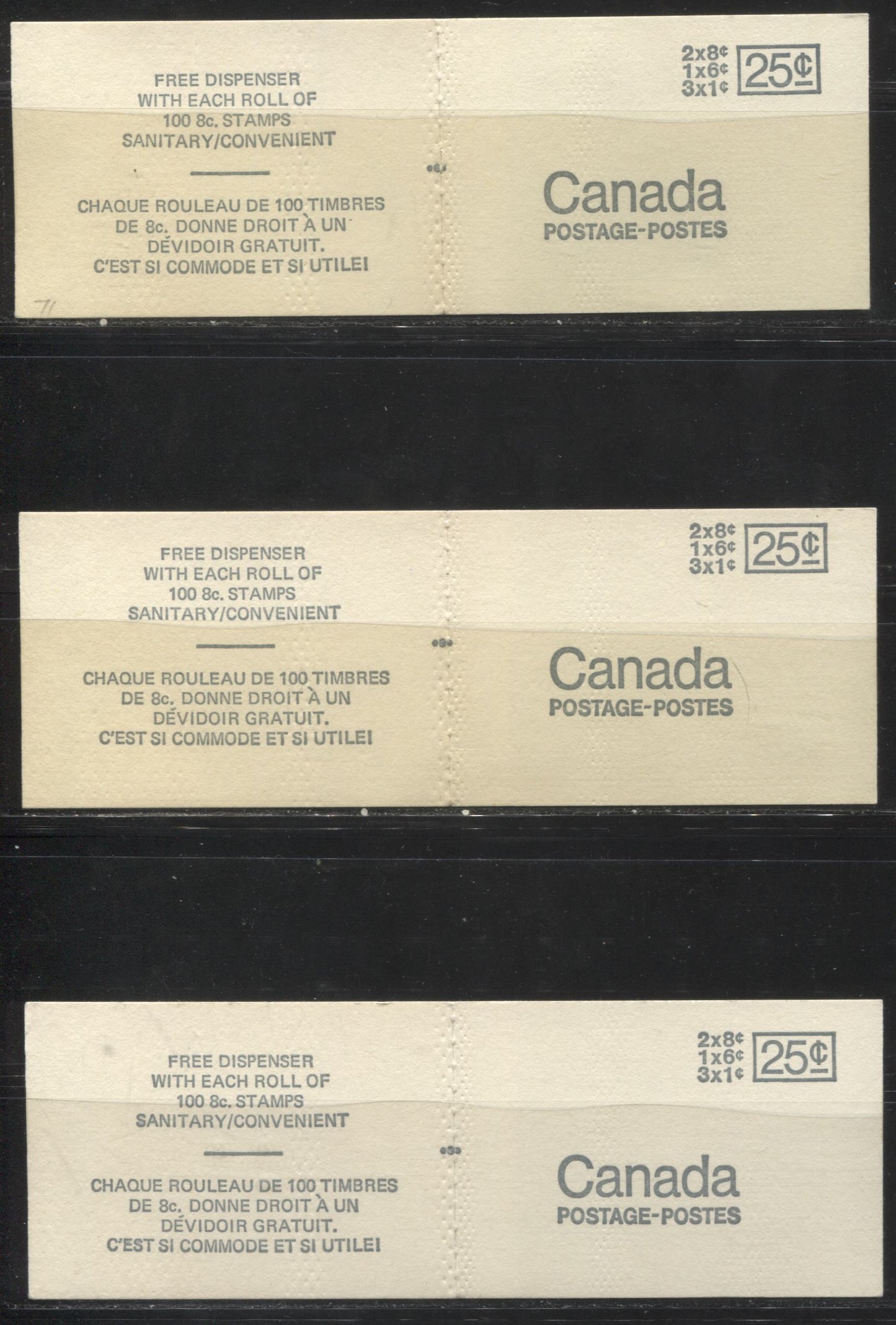Lot #59 Canada McCann #BK69f,j 1c Purple Brown, 6c Black, And 8c Slate, 1967-1973 Centennial Issue, A Specialized Lot of Three 25c Booklets, Type 1 Free Dispenser Cover, Different MF-fl and HF-fl Papers, Settings A, B & C As Described in Harris