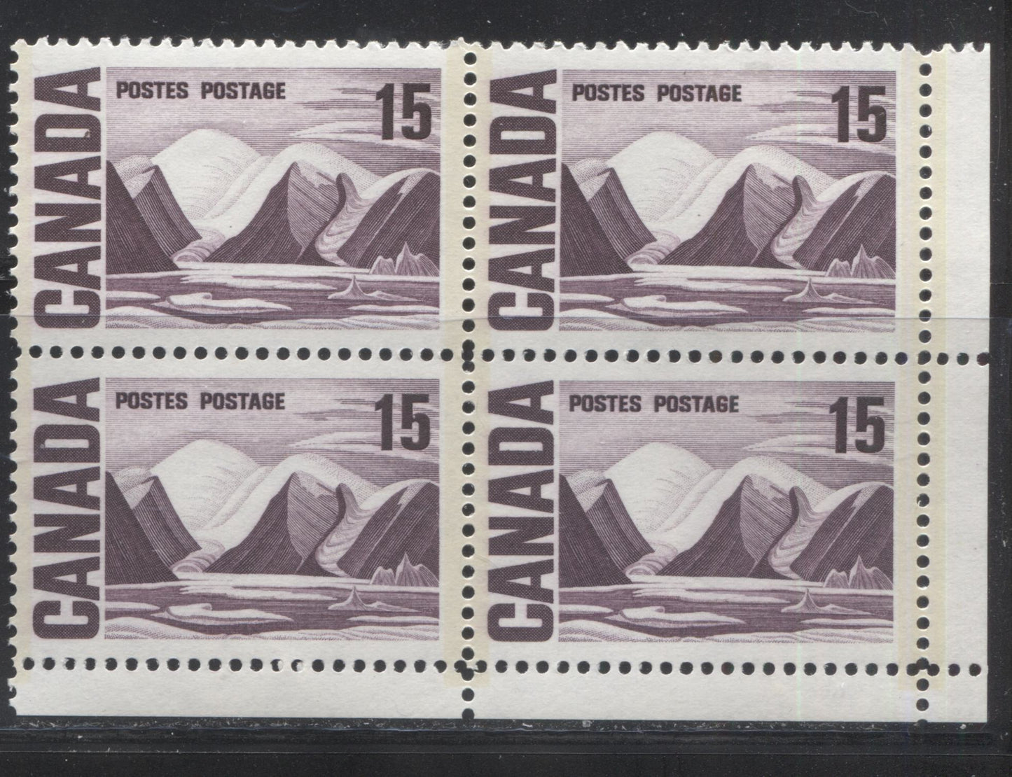 Lot 59 Canada #463pi 15c Deep Reddish Lilac Greenland Mountains, 1967-1973 Centennial Definitive Issue, A VFNH LR GT2 Tagged Field Stock Block Of 4 On DF Vertical Wove Paper With Eggshell PVA Gum