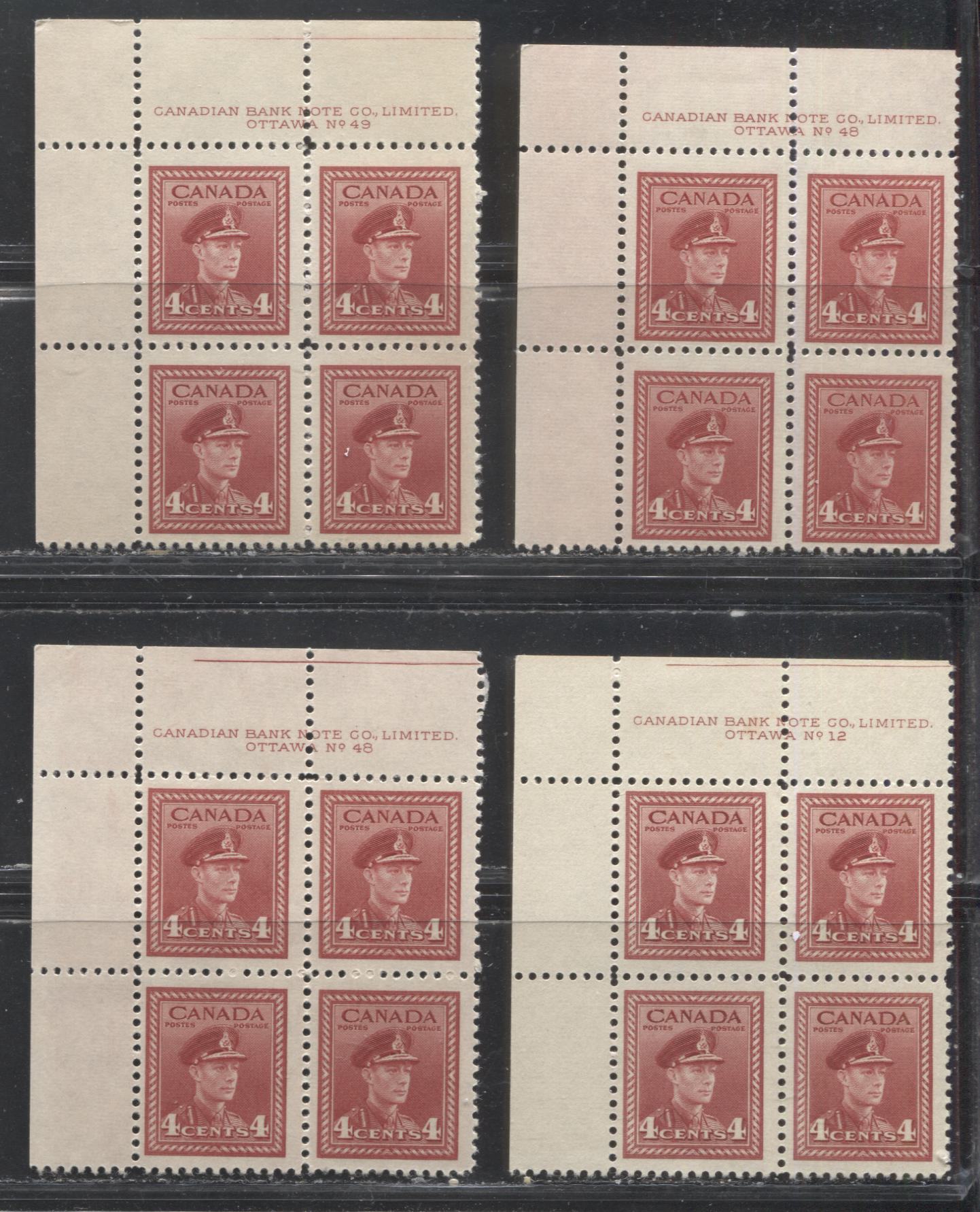Lot 59 Canada #254 4c Carmine-Red & Deep Carmine Red King George VI  1942-1949 War Issue, Fine OG Plate 12, 48 & 49 Upper Left Blocks of 4 Showing Broken "C" in "Canada" on Plate 12