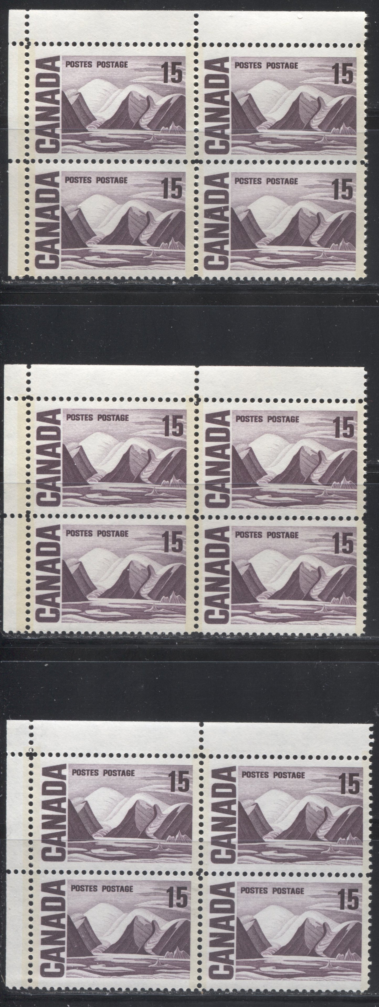 Lot 60 Canada #463piv 15c Deep Reddish Violet & Deep Rose Lilac Greenland Mountains, 1967-1973 Centennial Definitive Issue, Three VFNH UL GT2 Tagged Field Stock Blocks Of 4 On LF Vertical & Horizontal Wove Papers With Eggshell & Satin PVA Gums