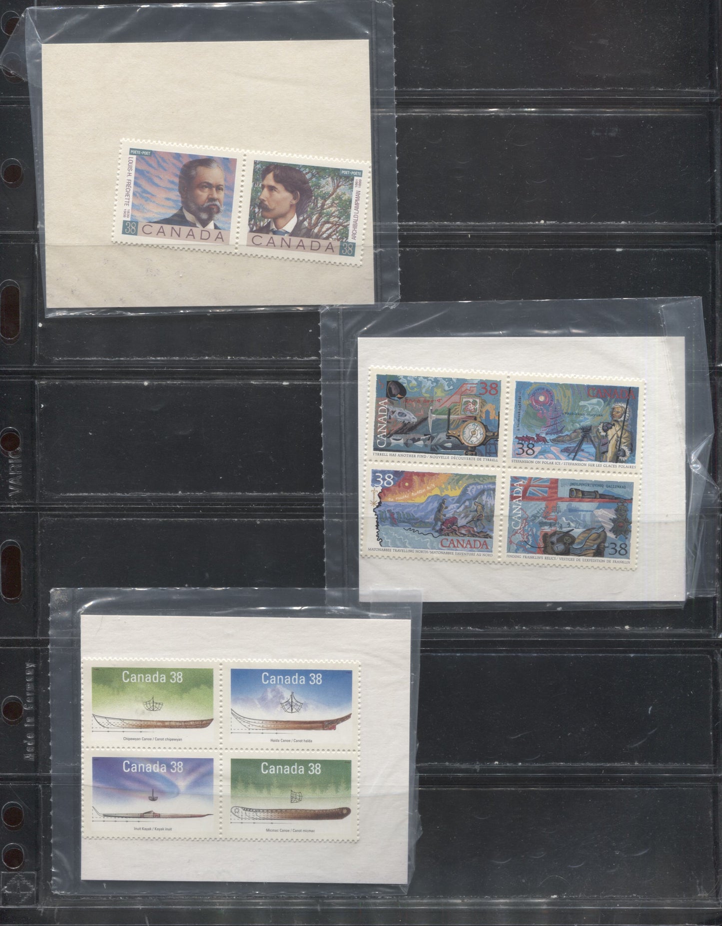 Lot 60 Canada #1229/1250 38c & 50c Multicoloured, 1989 Native Boats - Regiments, 6 Canada Post Sealed Packs Containing VFNH Pairs and Blocks With Type 2b & 5a Style Philatelic Service Card Inserts