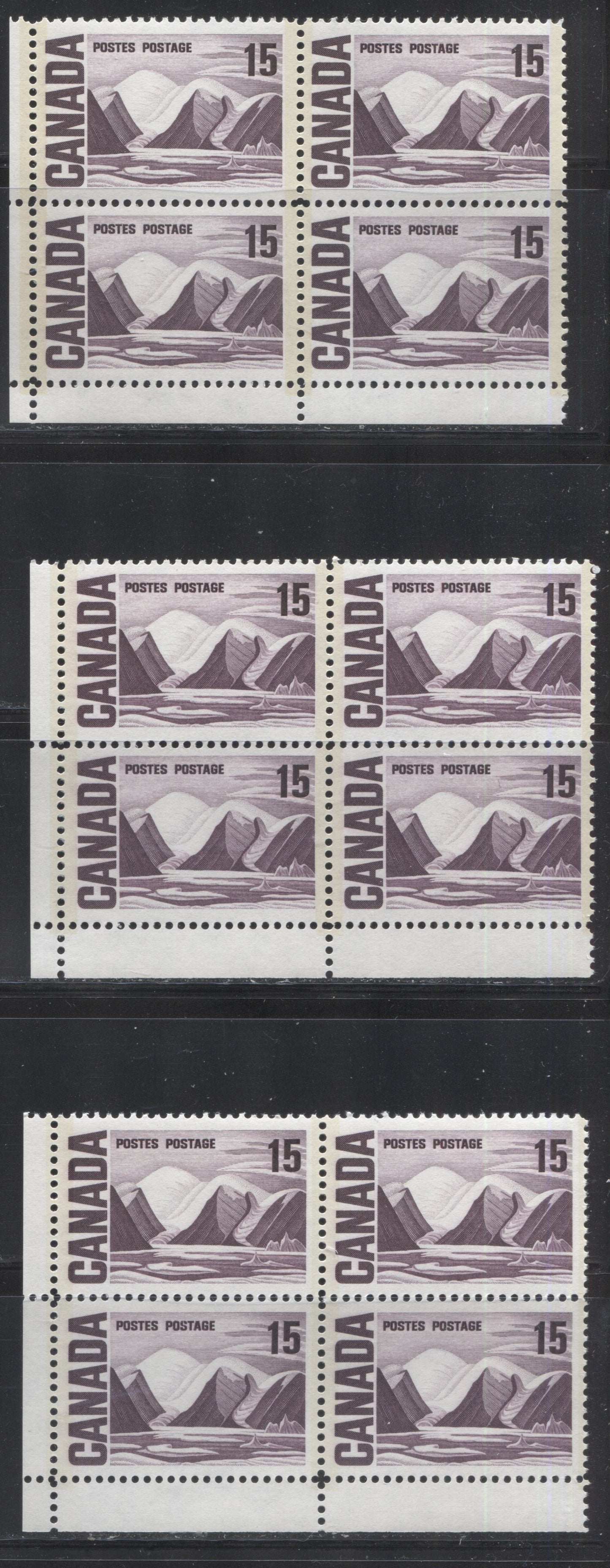 Lot 63 Canada #463piv 15c Deep & Bright Rose Lilacs And Dull Reddish Lilac Greenland Mountains, 1967-1973 Centennial Definitive Issue, Three VFNH LL GT2 Tagged Field Stock Blocks Of 4 On LF-fl Papers With Satin & Eggshell PVA Gums