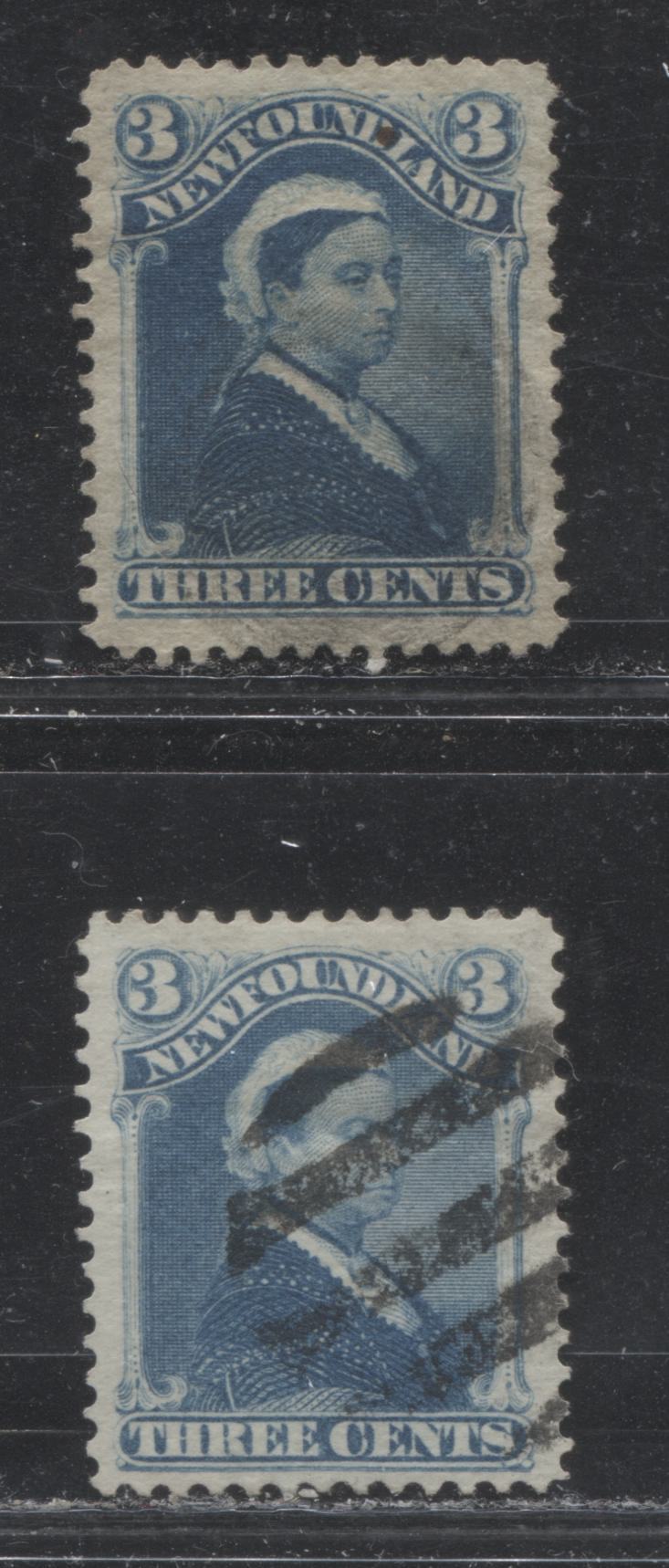 Lot 63A Newfoundland #49a & 49 3c Blue Queen Victoria, 1896 Third Cents Issue, 2 Very Fine Used Singles On Horizontal Wove Papers, Perfs 12 x 12.1 & 12.25 x 12.2