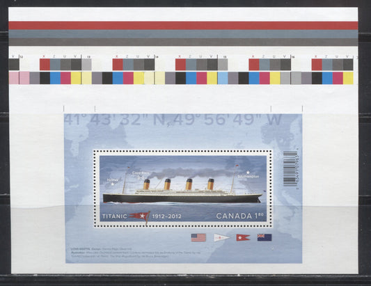 Lot 64 Canada #2535iii 2012 Titanic Issue, a Souvenir Sheet Cut From the Press Sheet That is Missing the Paper Designation Stars at Lower Left