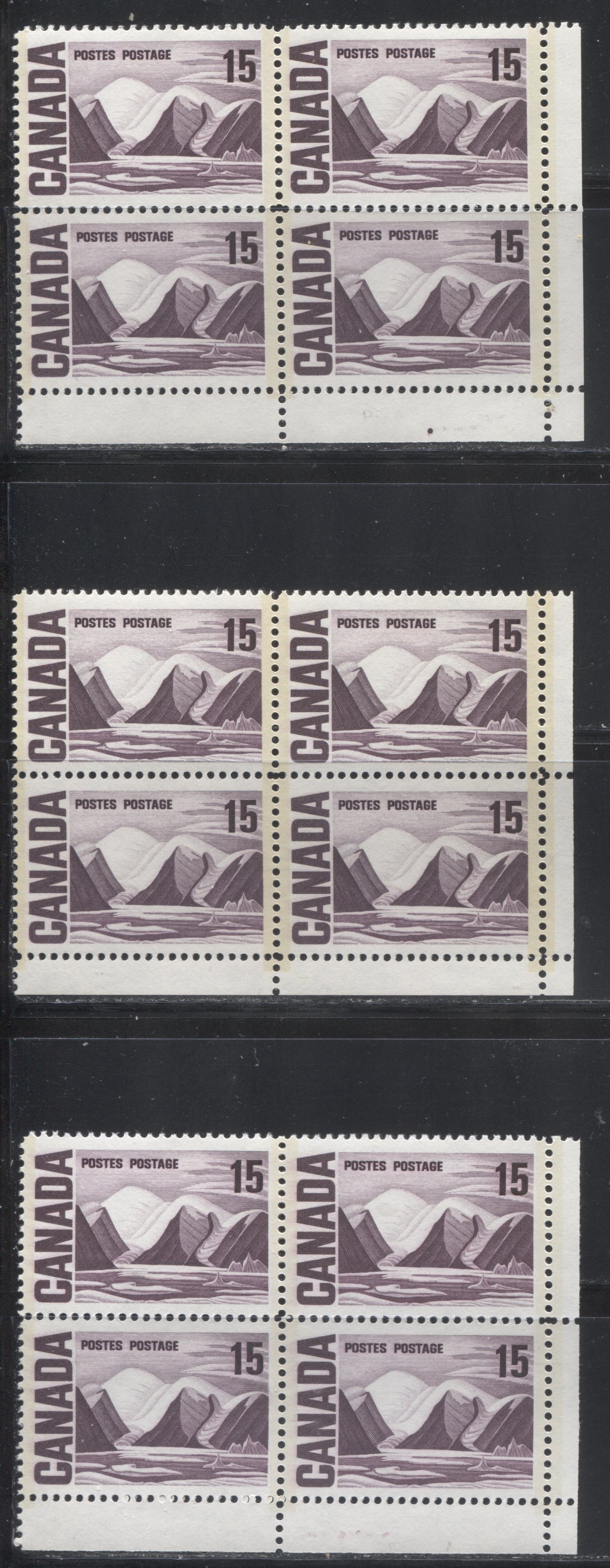 Lot 64 Canada #463piv 15c Deep Rose Lilac & Plum Greenland Mountains, 1967-1973 Centennial Definitive Issue, Three VFNH LR GT2 Tagged Field Stock Blocks Of 4 On LF-fl Vertical & Horizontal Wove Papers With Satin PVA Gum