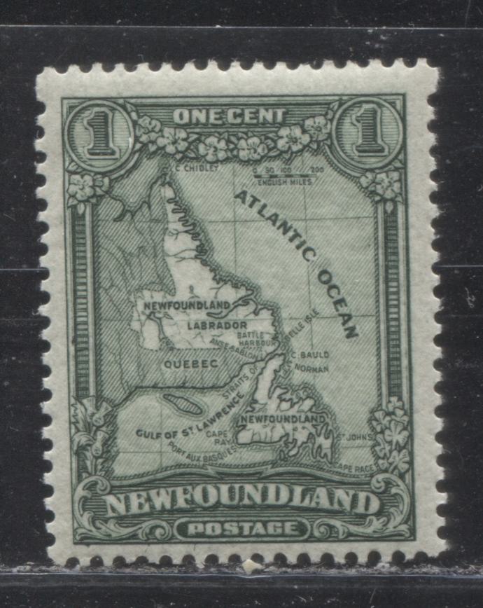Lot 63 Newfoundland # 145i 1c Deep Greyish Green Map of Newfoundland, 1928-1929 Publicity Issue, A Fine OG Example, Comb Perf. 14.2 x 13.8, With Major Misplaced Entry