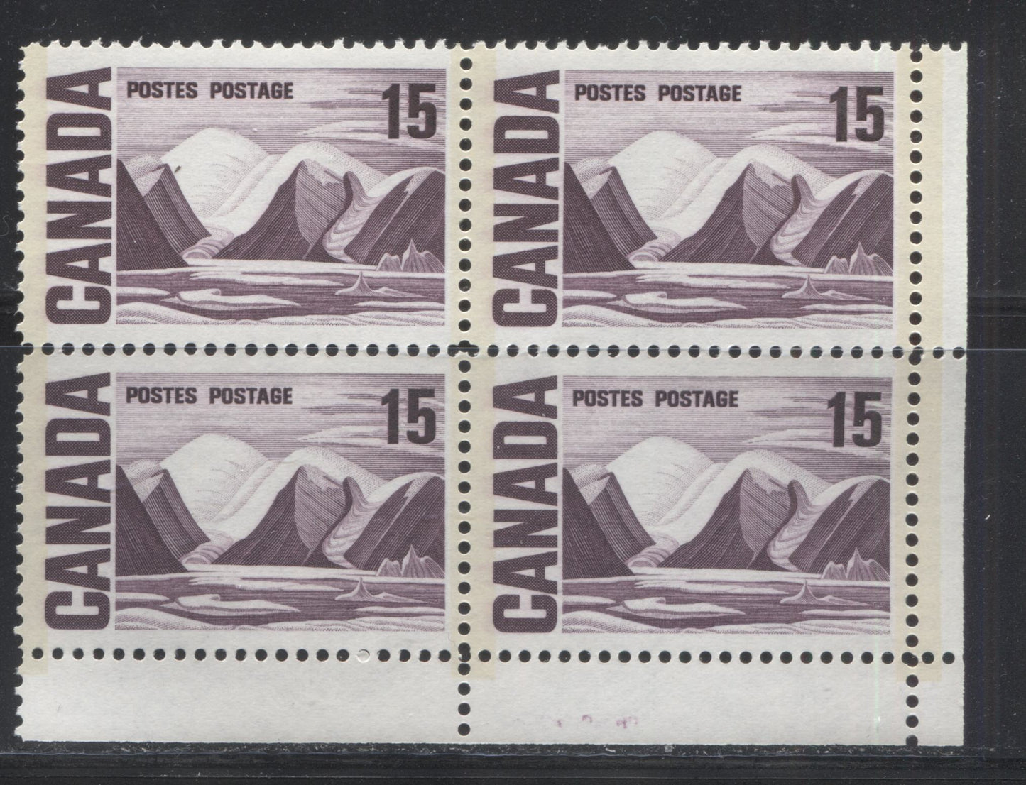 Lot 65 Canada #463pviii 15c Deep Reddish Lilac Greenland Mountains, 1967-1973 Centennial Definitive Issue, A VFNH LR GT2 Tagged Field Stock Block Of 4 On LF-fl Vertical Wove With Eggshell PVA Gum, Paper Plastic Flow & Position Dots