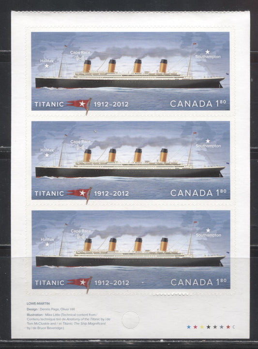 Lot 66 Canada #2538 2012 Titanic Issue, A VFNH Booklet Panes of 3 of the $1.80 Stamp, With Inscriptions on LF TRC Paper