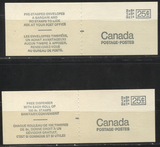 Lot #66 Canada McCann #BK69m, w 1c Purple Brown, 6c Black, And 8c Slate, 1967-1973 Centennial Issue, A Specialized Lot of Two 25c Booklets, Type 1 & 2 Covers, HF-fl and MF-fl Paper, Setting C As Described in Harris, OP-4 Tagging, 20 mm Spacing