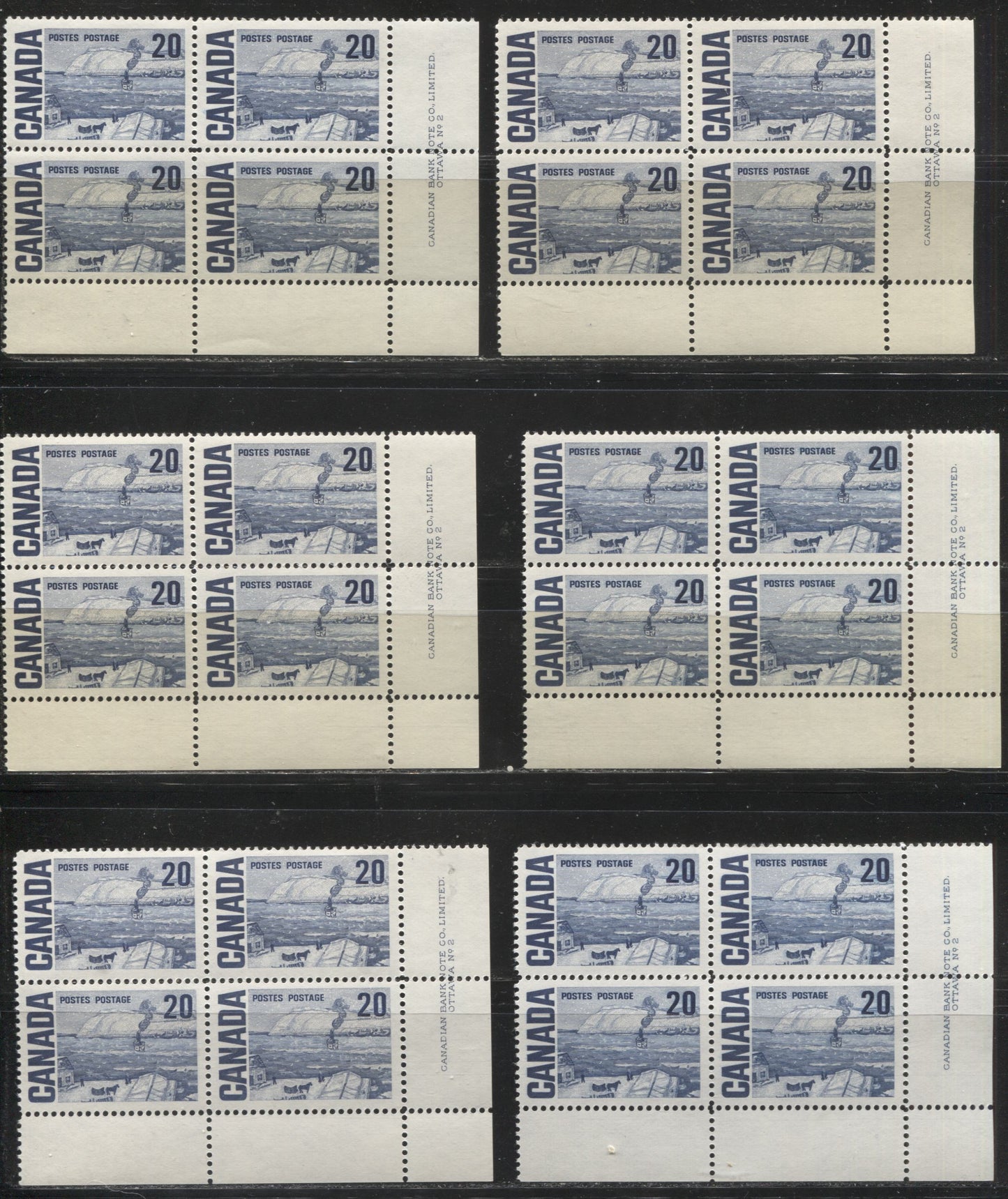 Lot 66 Canada #464 20c Indigo Blue, Dark Blue & Dull Indigo Blue The Ferry, Quebec, 1967-1973 Centennial Definitive Issue, Seven VFNH LR Plate 2 Blocks of 4 On Various Fluorescent Horizontal And Vertical Wove Papers With Smooth & Streaky Dex Gum