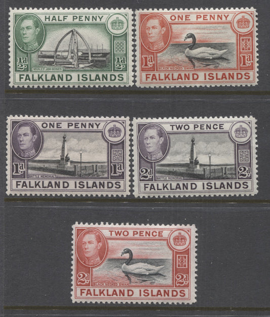 Lot 67 Falkland Islands SG#146-150 1938-1950 Bradbury Wilkinsion Pictorial Definitive Issue, a VFNH Partial Set to 2d,  Various Printings, SG. Cat 49.30 GBP = $84.80