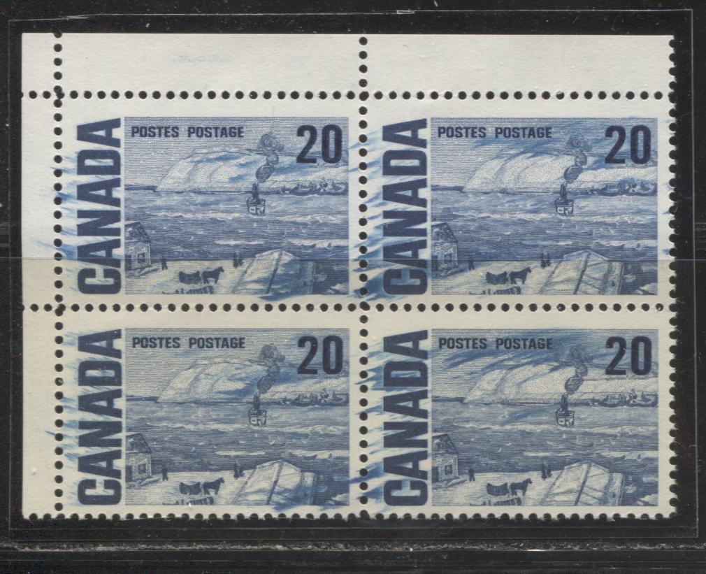 Lot 67 Canada #464i 20c Dark Blue The Ferry, Quebec, 1967-1973 Centennial Definitive Issue, A FNH UL Field Stock Block of 4 On NF Light Violet Vertical Wove, Vertical Ribbed Paper With Streaky Dex Gum, Dramatic Ink Smear