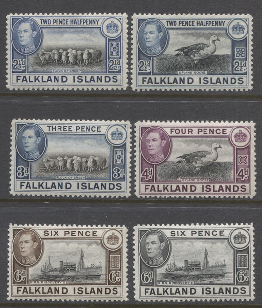 Lot 68 Falkland Islands SG#151-156 1938-1950 Bradbury Wilkinsion Pictorial Definitive Issue, a Fine NH and VFNH Partial Set From 2.5d to 6d,  Various Printings, SG. Cat 37.50 GBP = $64.50