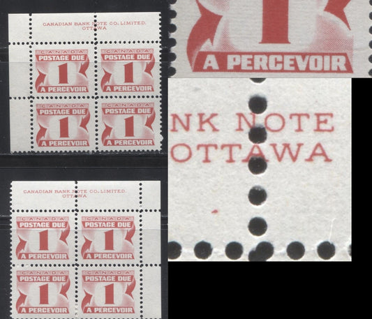 Lot 68 Canada #J28i 1c Carmine Rose 1973-1977, 3rd Centennial Postage Due Issue, Two VFNH UL & UR Inscription Blocks Of 4 On DF Bluish Gray Smooth Paper With PVA Gum, Perf 12, Constant Plate Varieties