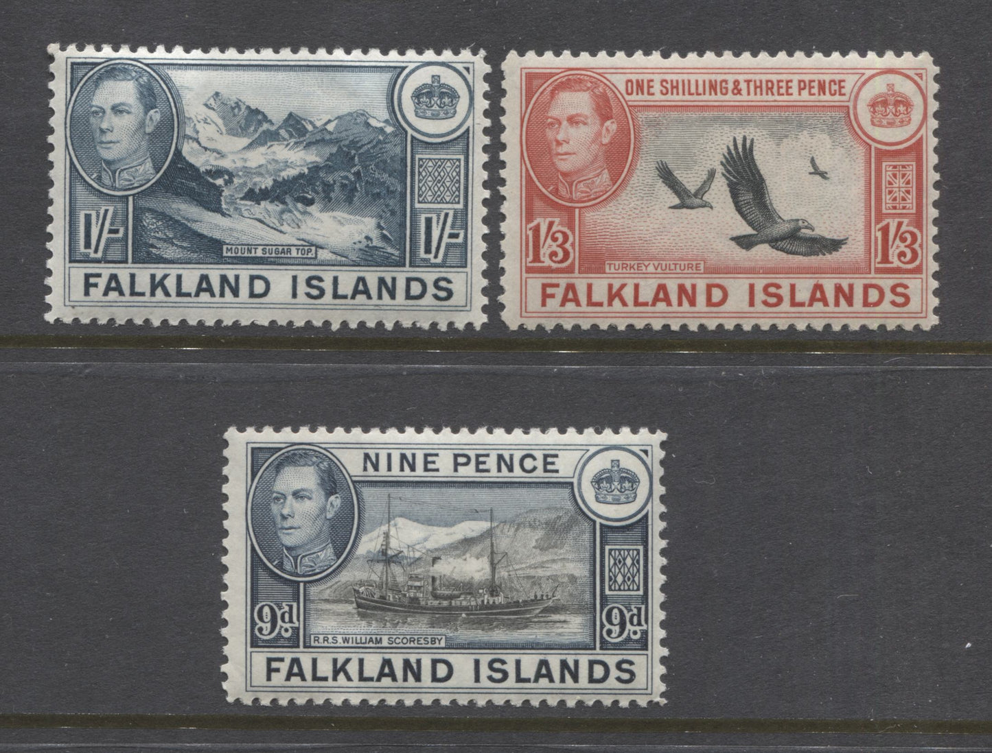 Lot 69 Falkland Islands SG#157-159 1938-1950 Bradbury Wilkinsion Pictorial Definitive Issue, a Fine NH Partial Set From 9d to 1/3d,  Various Printings, SG. Cat 105.50 GBP = $181.46